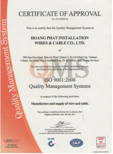 ISO 9001:2008 - Dây và Cáp Điện Hoàng Phát - Công Ty TNHH Đầu Tư Phát Triển Thương Mại Dây và Cáp Điện Hoàng Phát (HPWC)